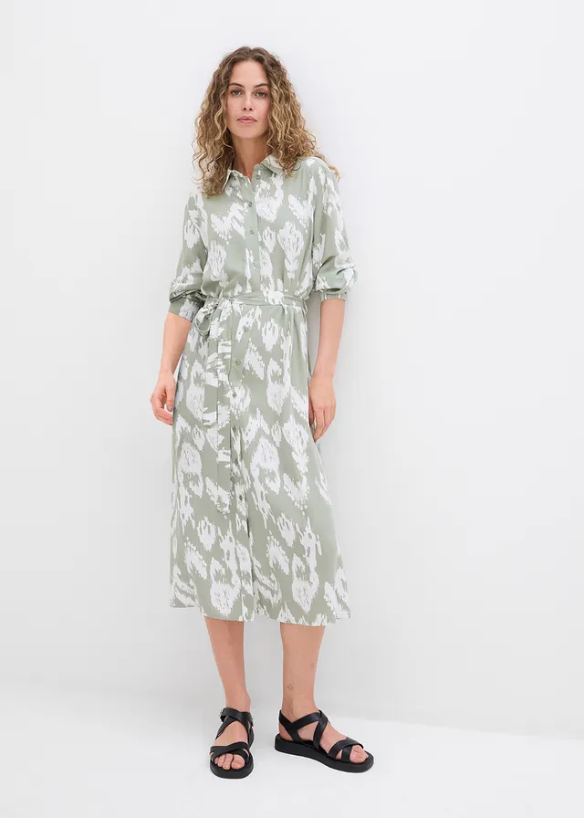 Robe-chemise en viscose fluide, Couleur: gris vert/écru imprimé