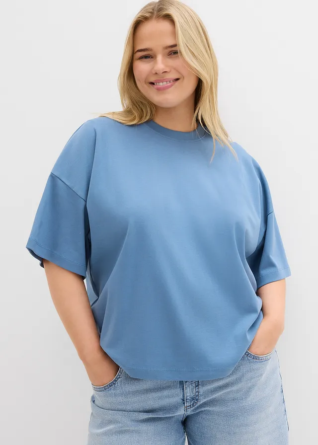 T-shirt court et oversize en coton épais, Couleur: bleu gris
