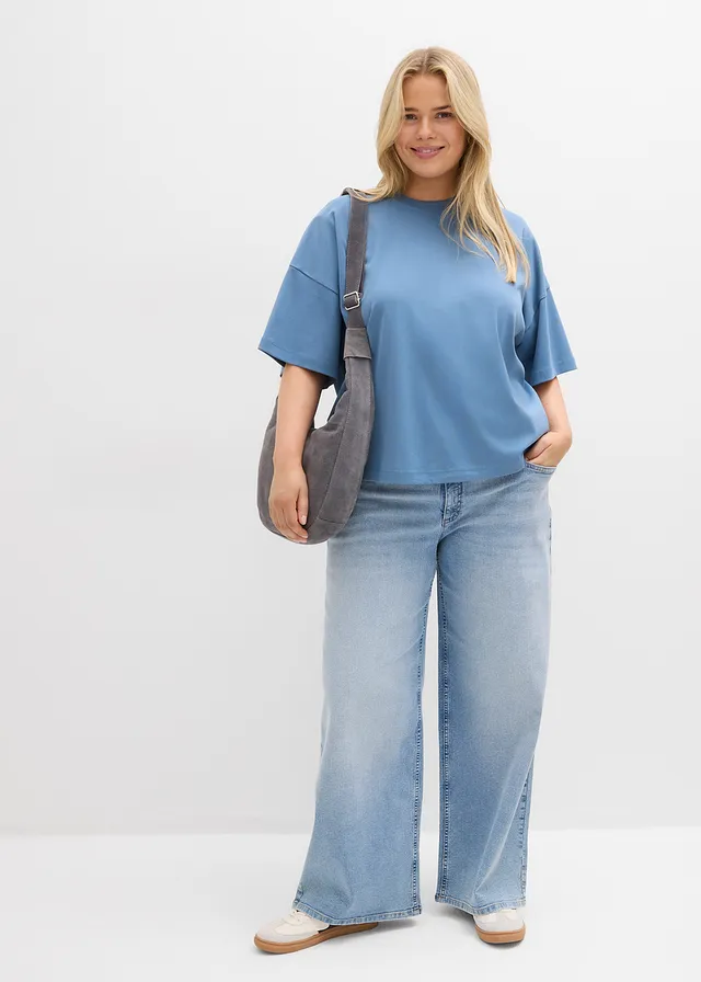 T-shirt court et oversize en coton épais, Couleur: bleu gris