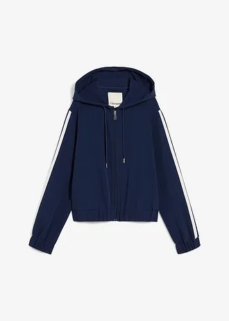 Trainingsjack met sportieve strepen, Kleur: donkerblauw/wit