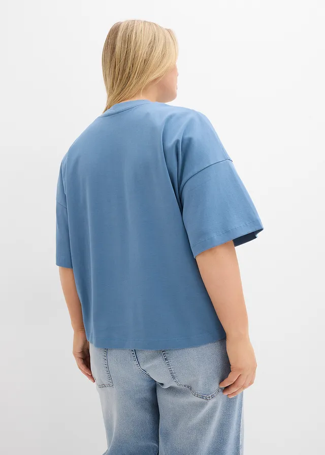 T-shirt court et oversize en coton épais, Couleur: bleu gris
