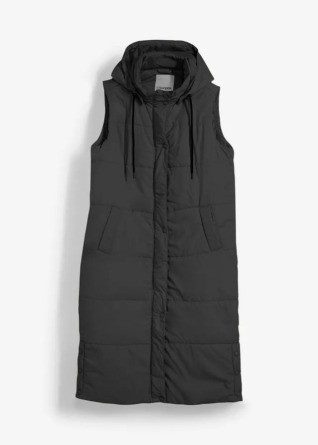Lange bodywarmer met capuchon en zijsplitten • zwart • bonprix online shop