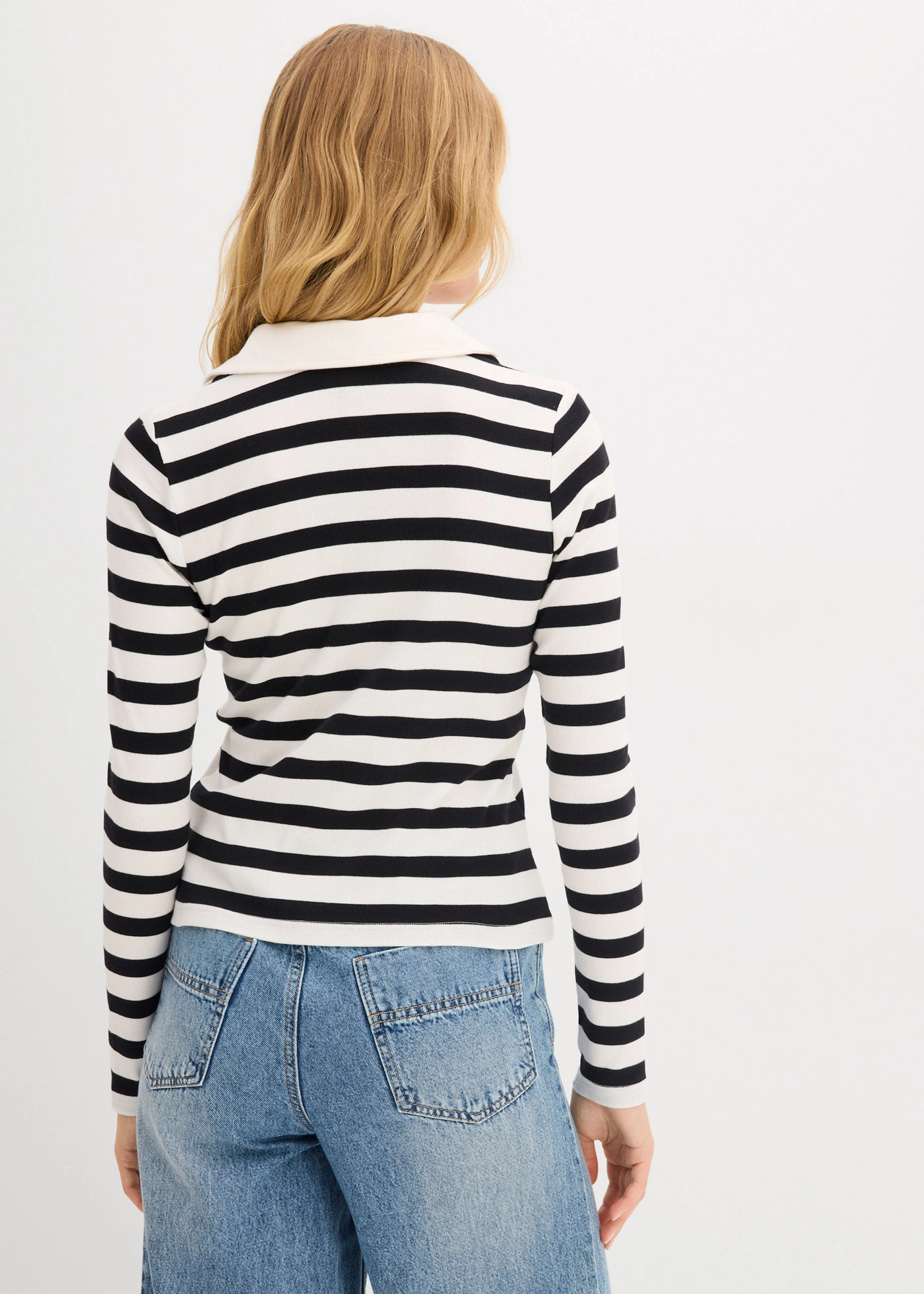 Triko polo s dlouhým rukávem, z žebrového materiálu • přírodní bílo-černá s proužky • bonprix obchod