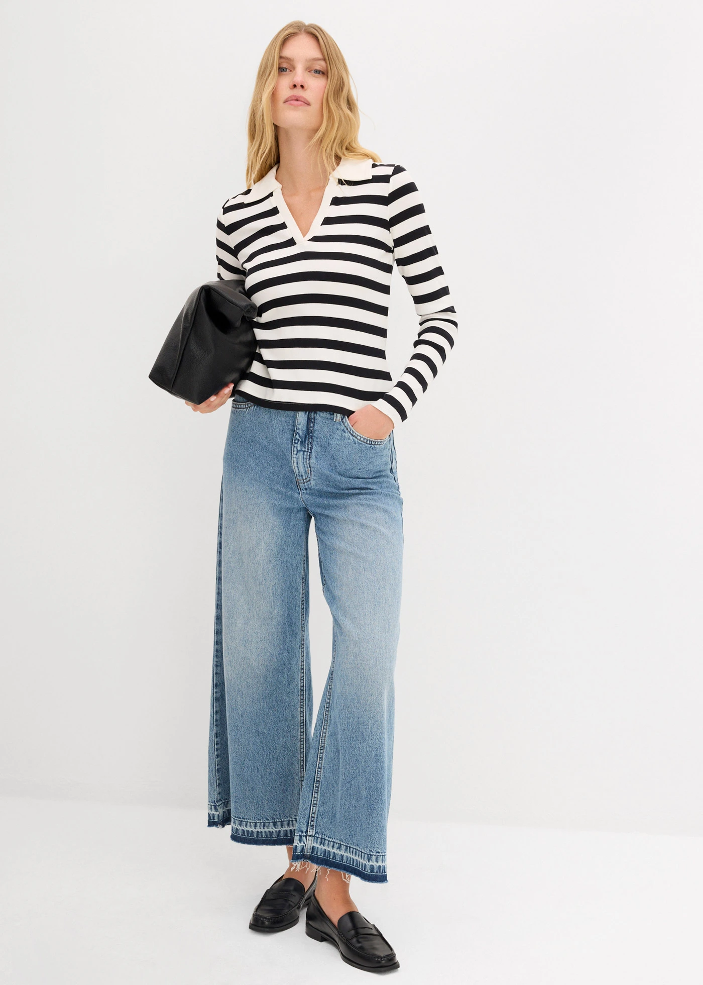 Triko polo s dlouhým rukávem, z žebrového materiálu • přírodní bílo-černá s proužky • bonprix obchod