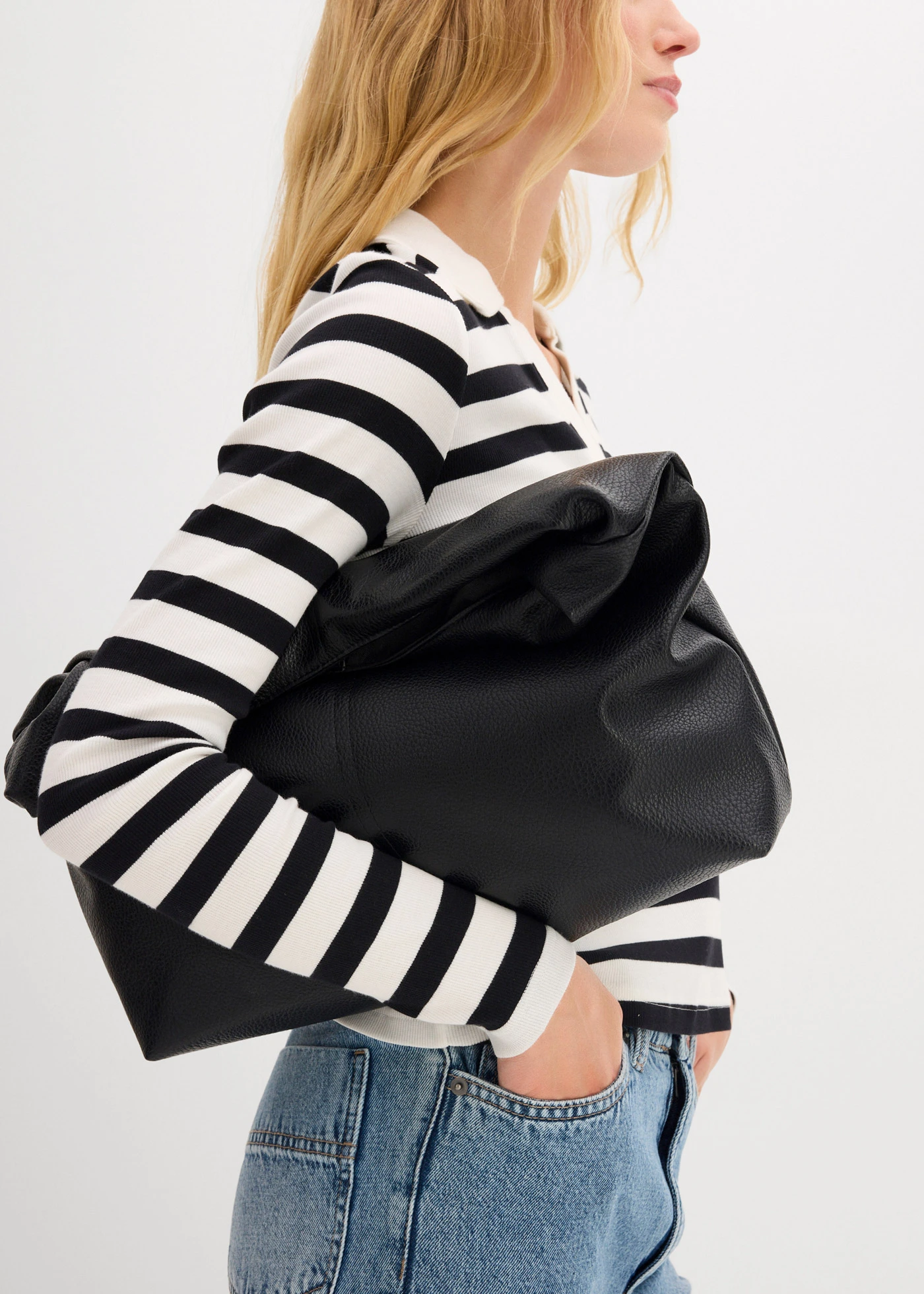 Triko polo s dlouhým rukávem, z žebrového materiálu • přírodní bílo-černá s proužky • bonprix obchod