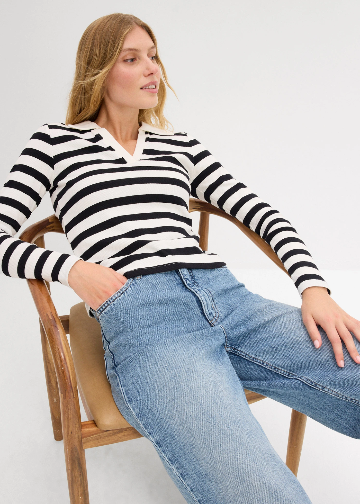 Triko polo s dlouhým rukávem, z žebrového materiálu • přírodní bílo-černá s proužky • bonprix obchod