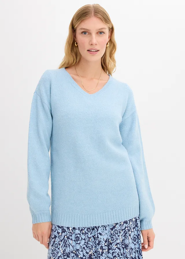 Pull en fine maille douce à manches ballon, Couleur: bleu glacier chiné