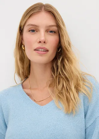 Měkký svetr z jemné pleteniny, s balonovými rukávy • ledově modrá s melírem • bonprix obchod