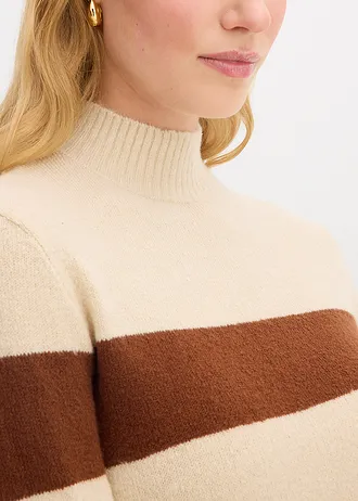 Dlouhý pletený svetr • cihlově hnědo-světle písková s proužky • bonprix obchod