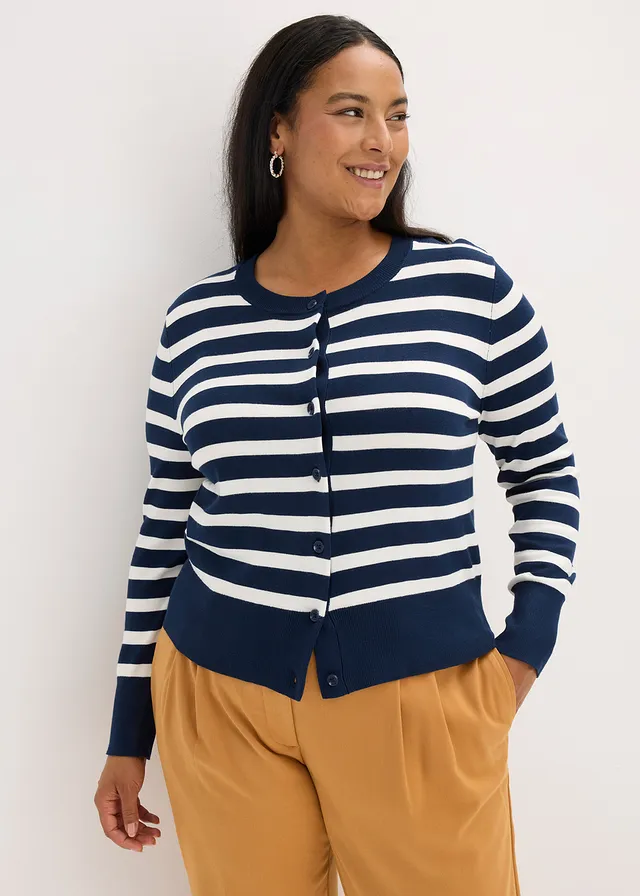 Fijngebreid vest met strepen, Kleur: donkerblauw/wolwit gestreept