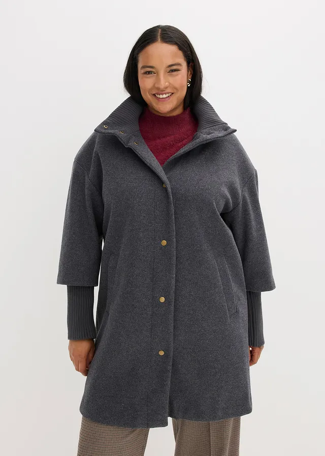 Manteau court aspect laine, Couleur: anthracite chiné