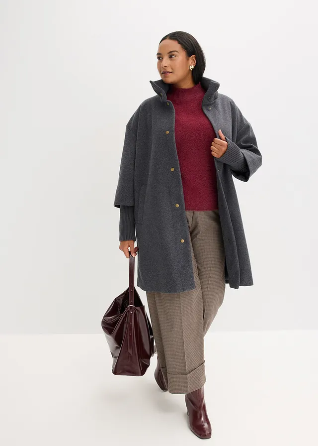 Manteau court aspect laine, Couleur: anthracite chiné