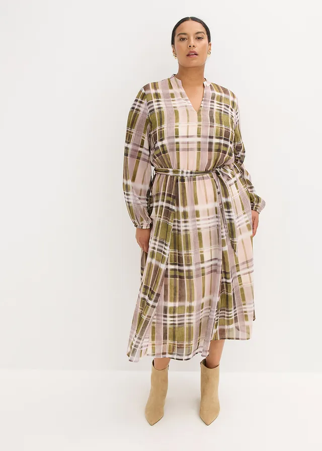 Chiffonjurk met een riem, Kleur: natuurbeige-olijfgroen geruit