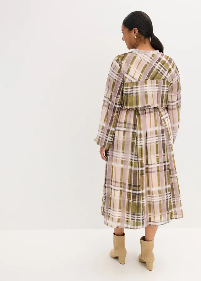 Chiffonjurk met een riem, Kleur: natuurbeige-olijfgroen geruit