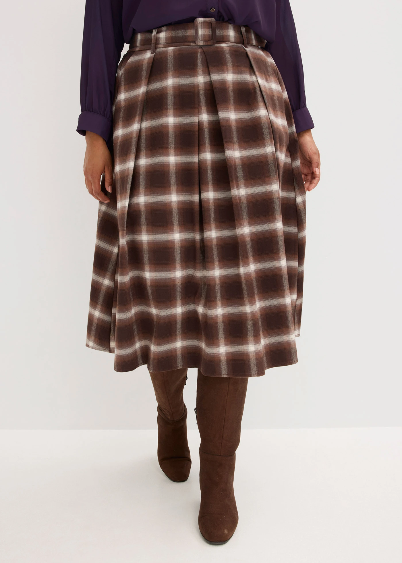 Kostkovaná skládaná sukně a pásek (2dílná souprava) • tmavě hnědo-světle hnědo-středně hnědo-slonovinová kostka plus size • bonprix obchod