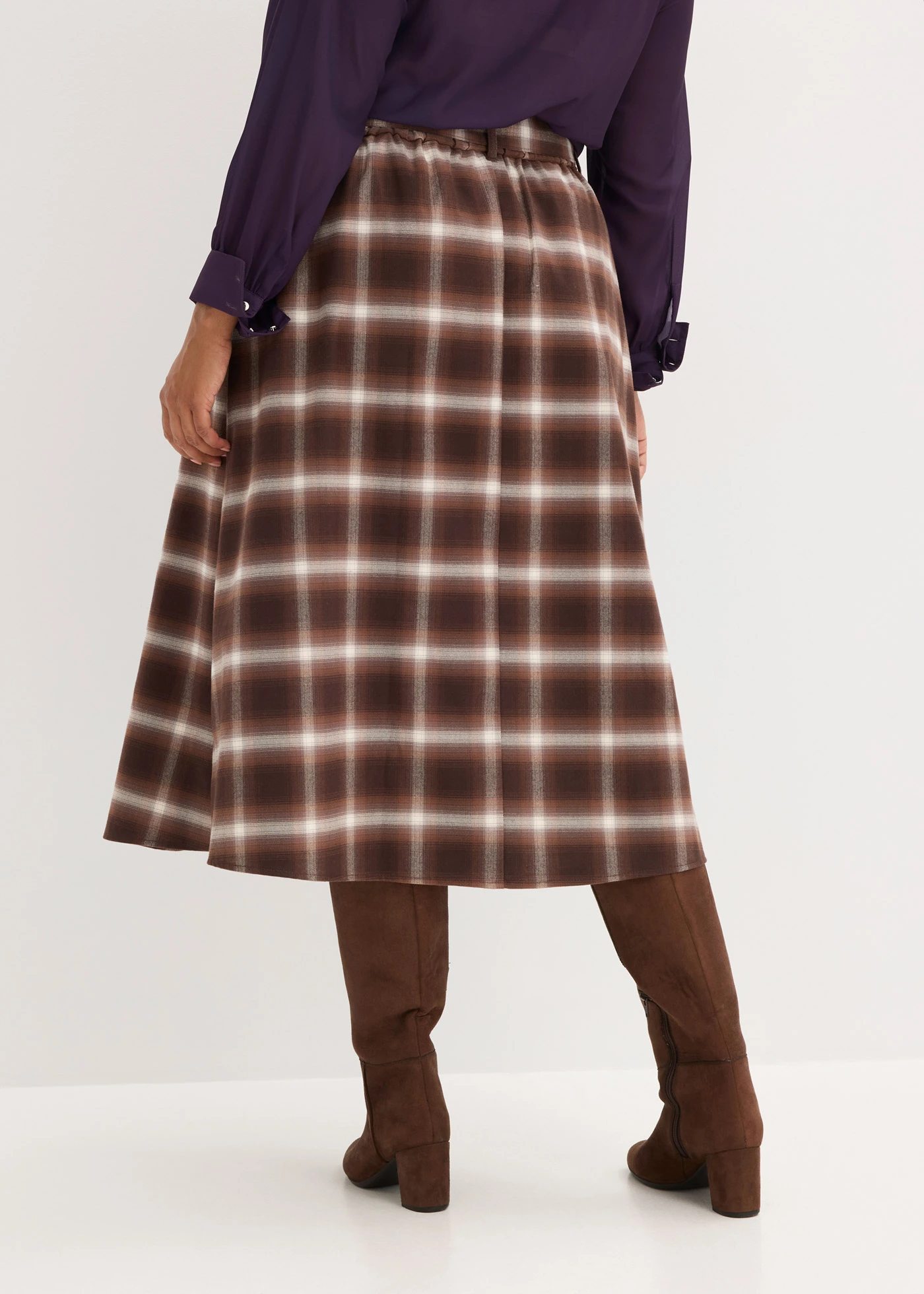 Kostkovaná skládaná sukně a pásek (2dílná souprava) • tmavě hnědo-světle hnědo-středně hnědo-slonovinová kostka plus size • bonprix obchod