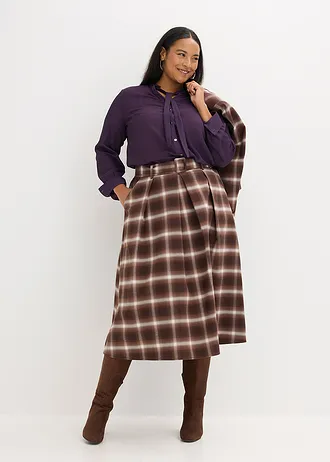 Kostkovaná skládaná sukně a pásek (2dílná souprava) • tmavě hnědo-světle hnědo-středně hnědo-slonovinová kostka plus size • bonprix obchod