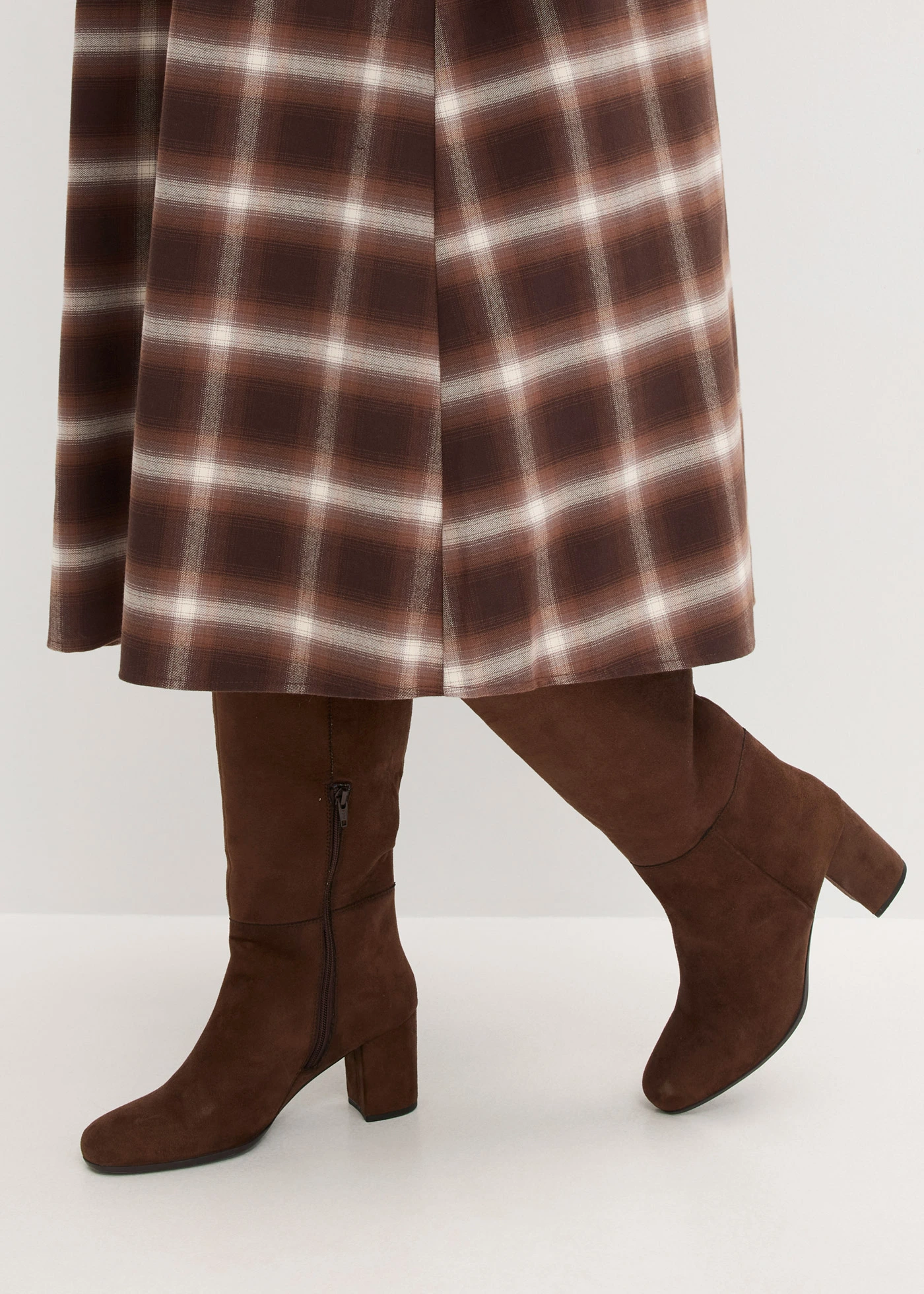 Kostkovaná skládaná sukně a pásek (2dílná souprava) • tmavě hnědo-světle hnědo-středně hnědo-slonovinová kostka plus size • bonprix obchod