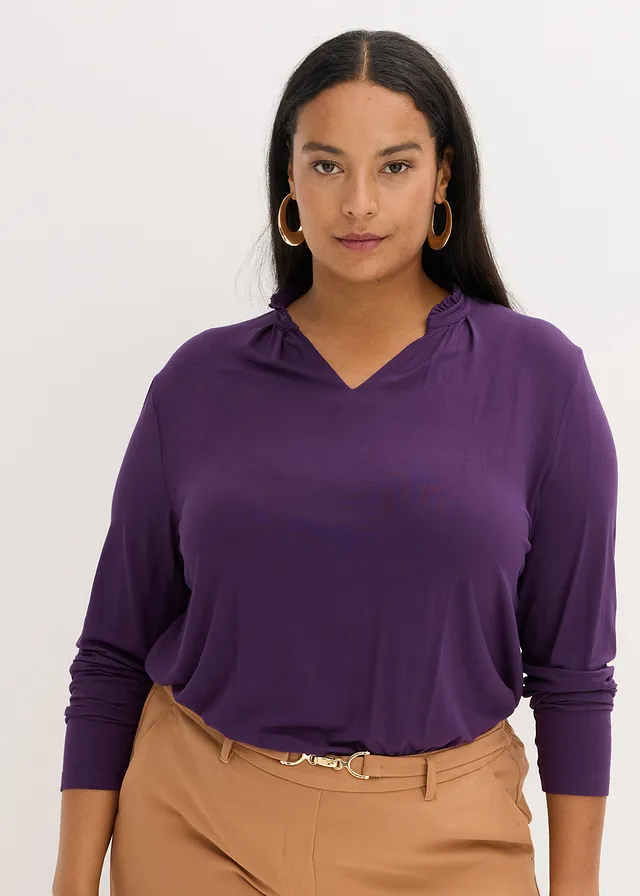 T-shirt blouse à col montant, Couleur: violet foncé