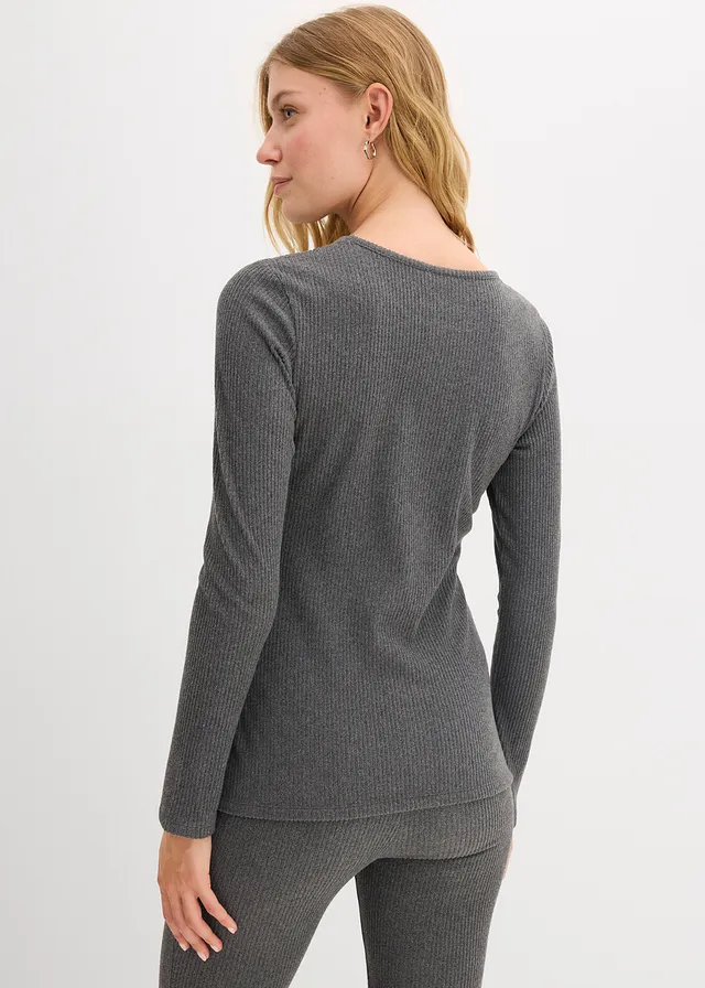 T-shirt thermique côtelé, Couleur: gris chiné