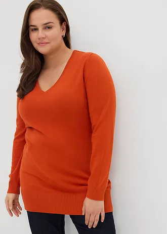 Pull long basique en fine maille à col V, Couleur: orange lave