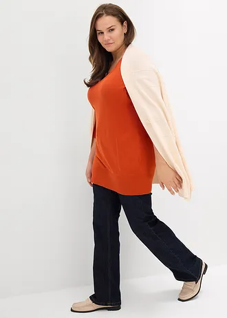 Pull long basique en fine maille à col V, Couleur: orange lave