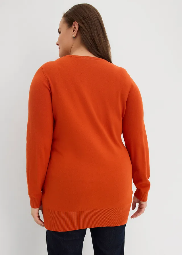 Pull long basique en fine maille à col V, Couleur: orange lave