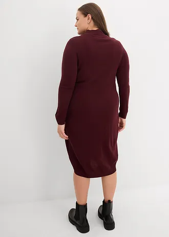 Fijn gebreide jurk met opstaande kraag, Kleur: wijnrood
