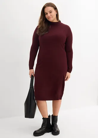 Fijn gebreide jurk met opstaande kraag, Kleur: wijnrood