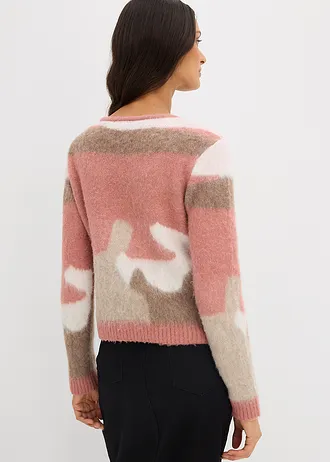 Vzorovaný pletený kabátek s knoflíkovou lištou, barva: růžová s grafickým vzorem