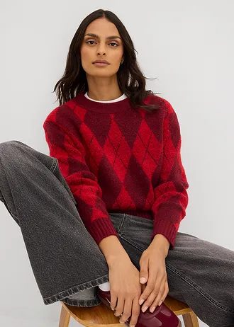 Svetr z jemné pleteniny s kostkovaným vzorem • lávově červená kostkovaná • bonprix obchod