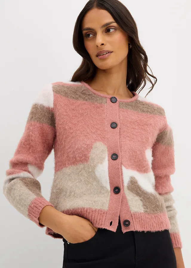 Fijngebreid vest met colorblocking en knoopsluiting • roze grafisch • product-page.page-title-suffix