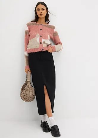 Vzorovaný pletený kabátek s knoflíkovou lištou, barva: růžová s grafickým vzorem