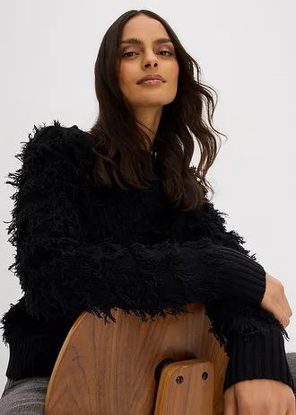 Pull en grosse maille à franges • noir • Boutique bonprix