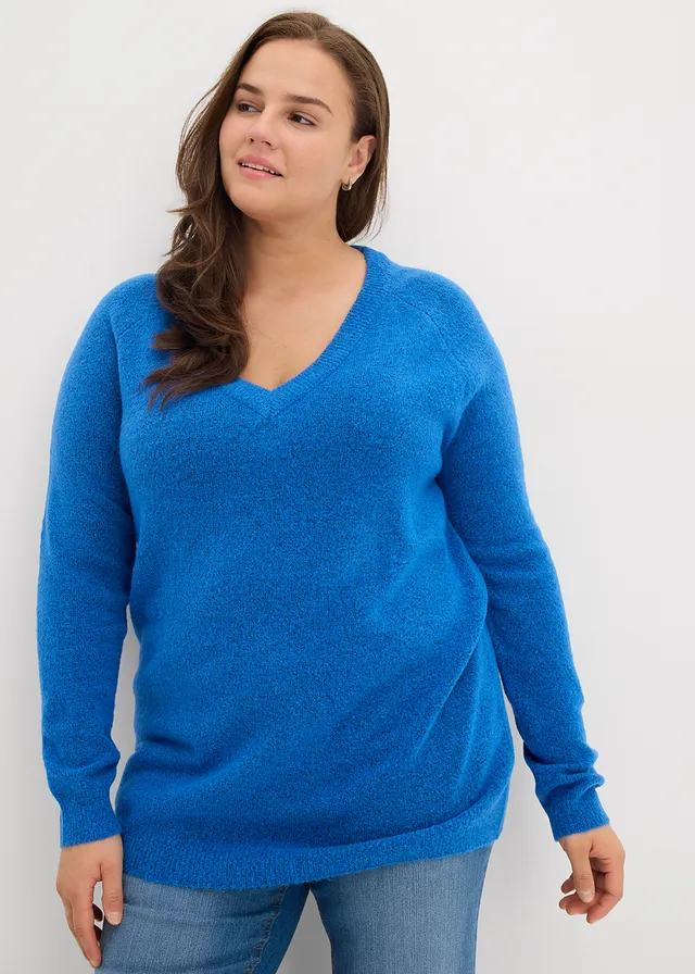Pull en maille col V, Oversized Fit, Couleur: bleu polaire