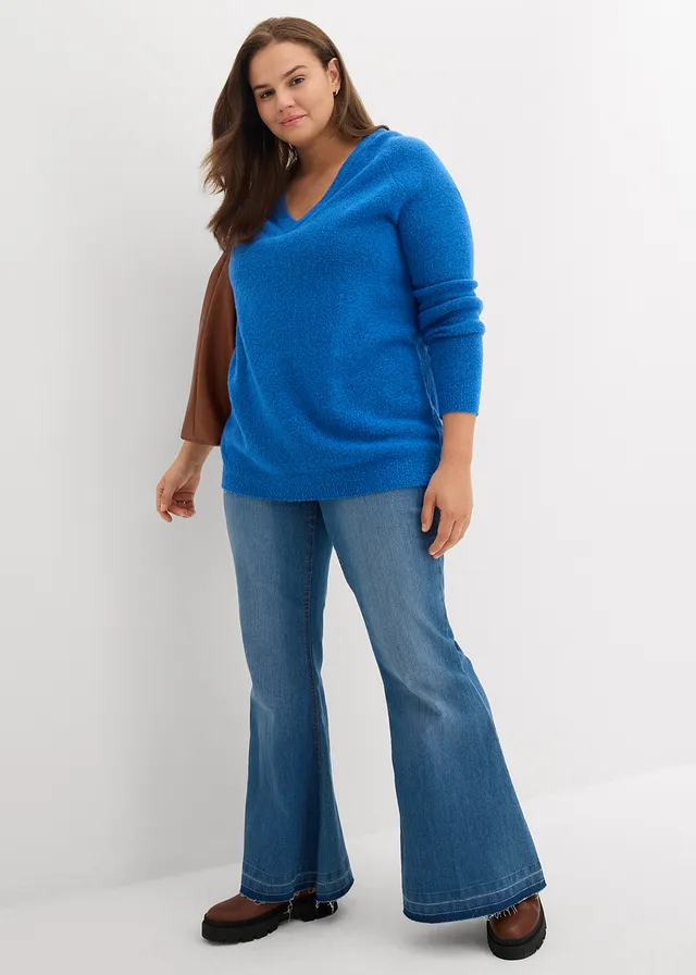 Oversized trui met V-hals, Kleur: poolblauw