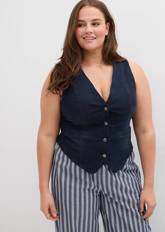 Gilet sans manches en jean, Couleur: bleu foncé denim used