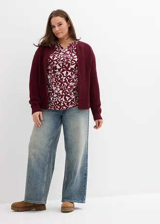 Tuniková halenka z viskózy, barva: rubínově červeno-světle fialová s květy