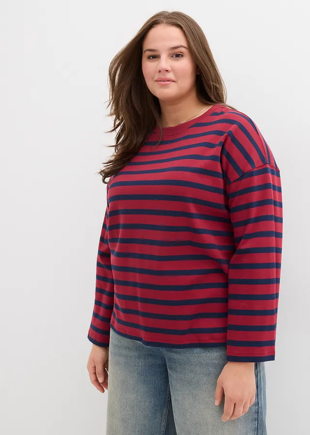 T-shirt marinière 100% coton, Couleur: prune-bleu foncé rayé