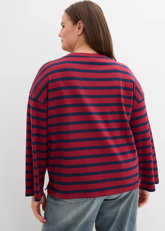 T-shirt marinière 100% coton, Couleur: prune-bleu foncé rayé