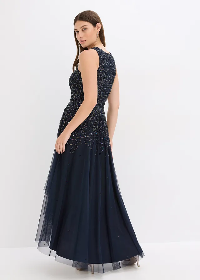 High-low jurk met paillettenborduursel, Kleur: donkerblauw