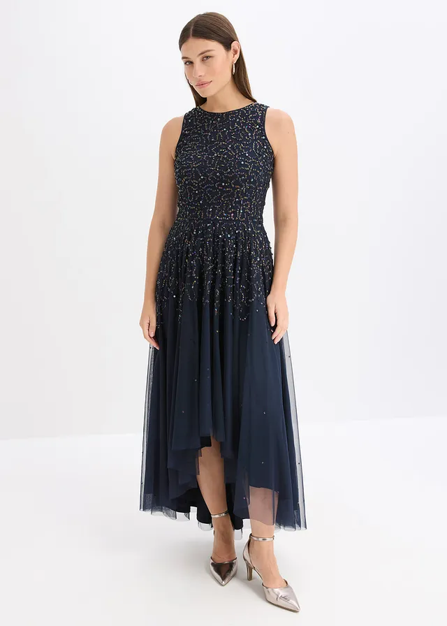High-low jurk met paillettenborduursel, Kleur: donkerblauw