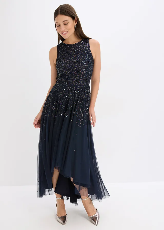 High-low jurk met paillettenborduursel, Kleur: donkerblauw