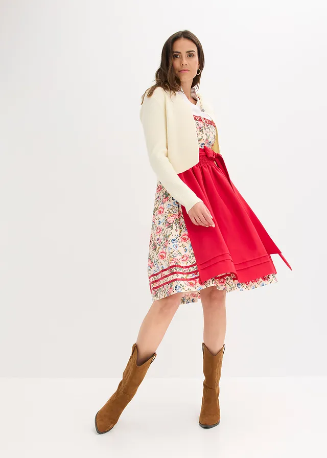 Dirndl met schort met borduursel (2-dlg. set) rood gebloemd