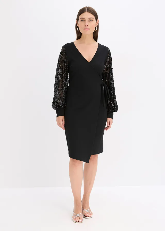 Robe midi à sequins brodés sur les manches, Couleur: noir