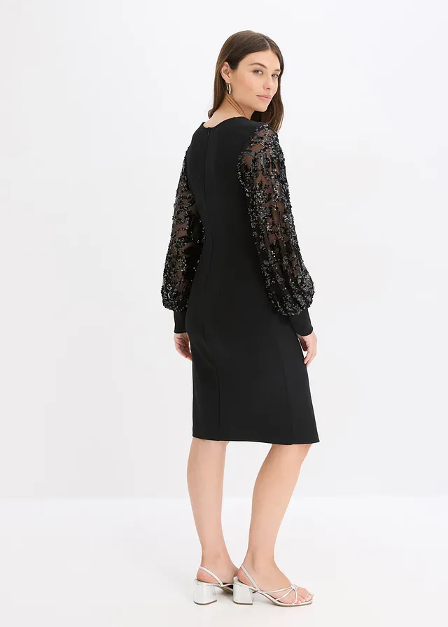 Midi jurk met paillettenborduursel op de mouwen, Kleur: zwart