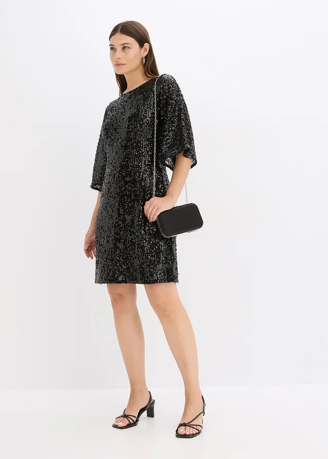 Oversized paillettenjurk, Kleur: zwart