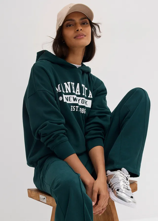 Oversized hoodie van puur katoen • diepgroen met print • product-page.page-title-suffix