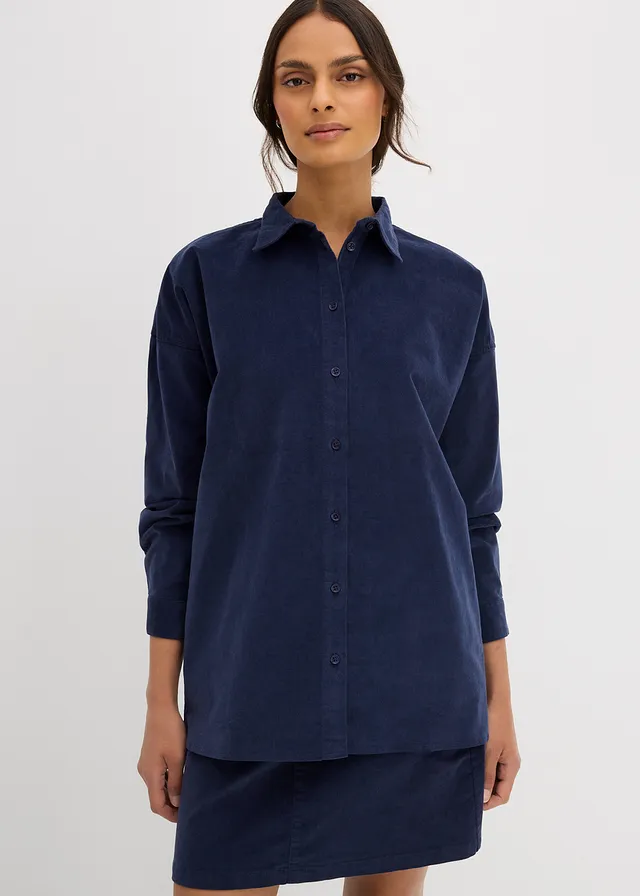 Oversized corduroy overhemdblouse, Kleur: donkerblauw