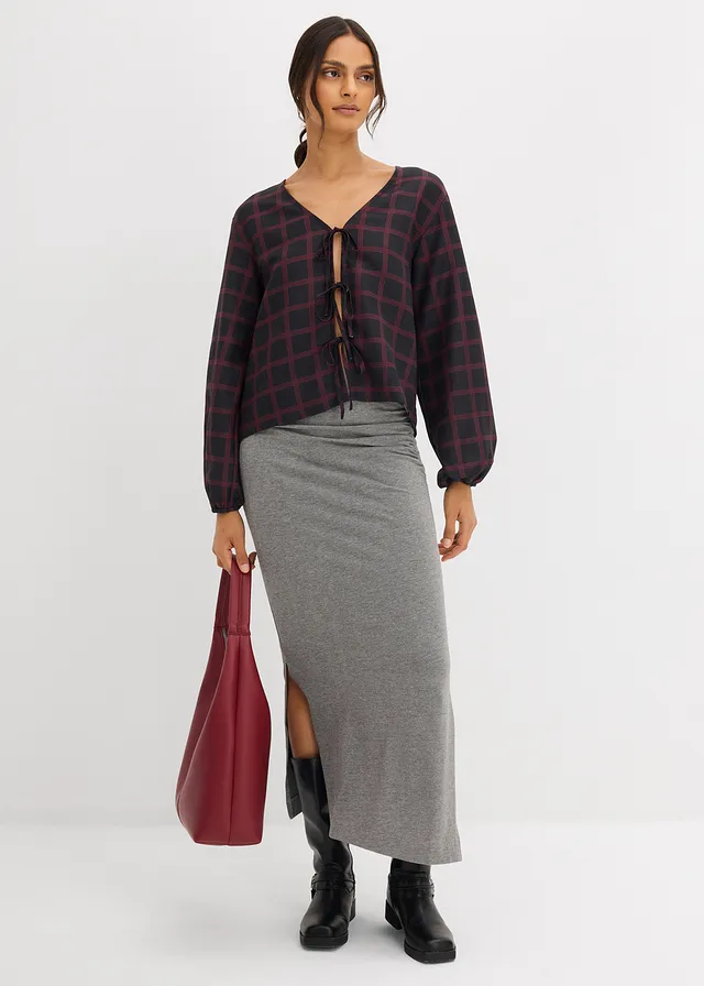 Wijde blouse van zachte viscose, Kleur: zwart-esdoornrood geruit